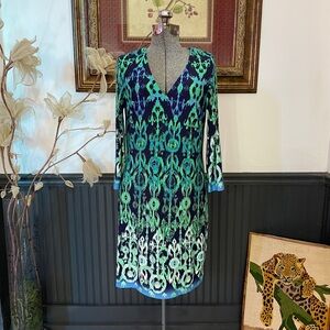 Donna Morgan Shift Bright Green & Blue Ikat Stretch V Neck Dress - Sz 8 💚🎀